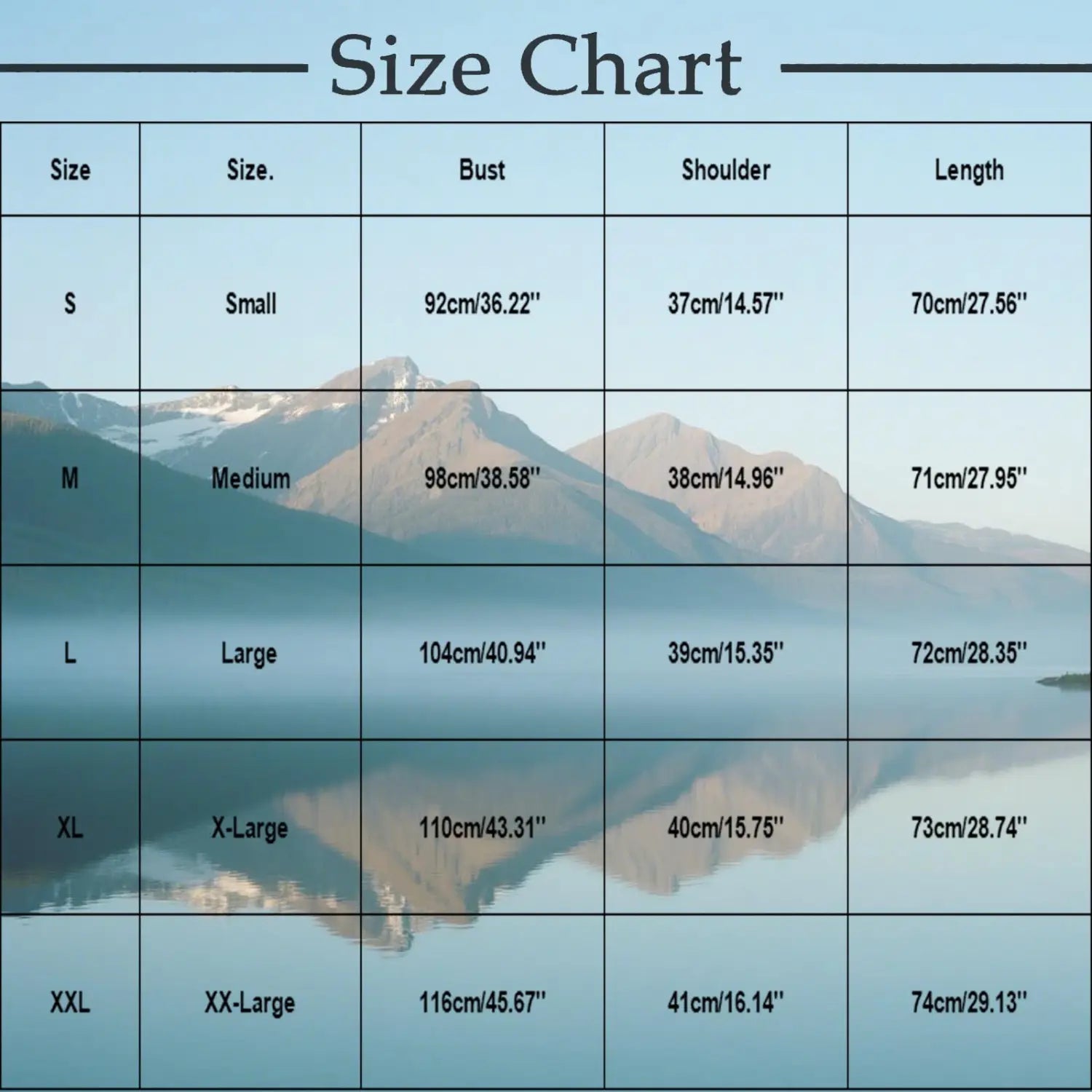 Size chart table displaying bust shoulder and length measurements in centimeters and inches for sleeveless tie side button down blouse sizes s through xxl.