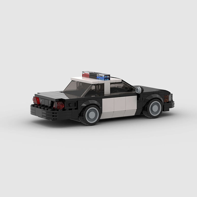 Bloques de construcción del modelo de coche de policía de Lego en blanco y negro, con luces de plástico roja, azul y transparente en el techo, para niños y adultos.