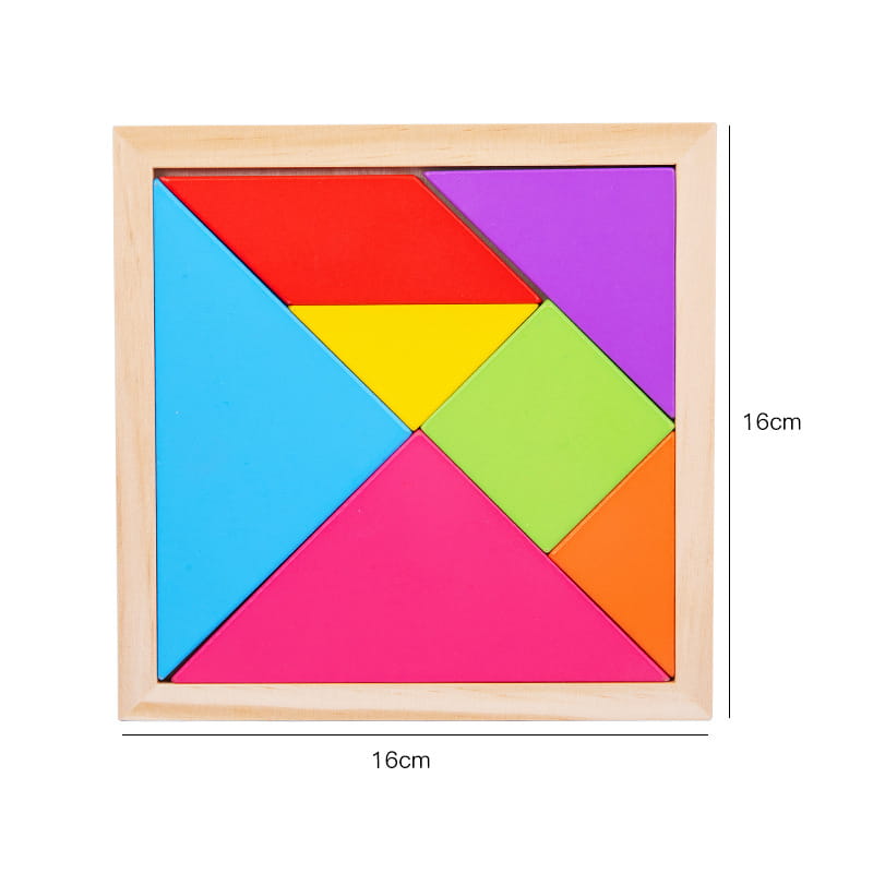 Un puzzle tangram en bois vibrant et coloré, jouet géométrique pour enfants, dans un cadre carré de 16 cm, avec sept pièces s’emboîtant en rouge, bleu, jaune, vert, violet, rose et orange.