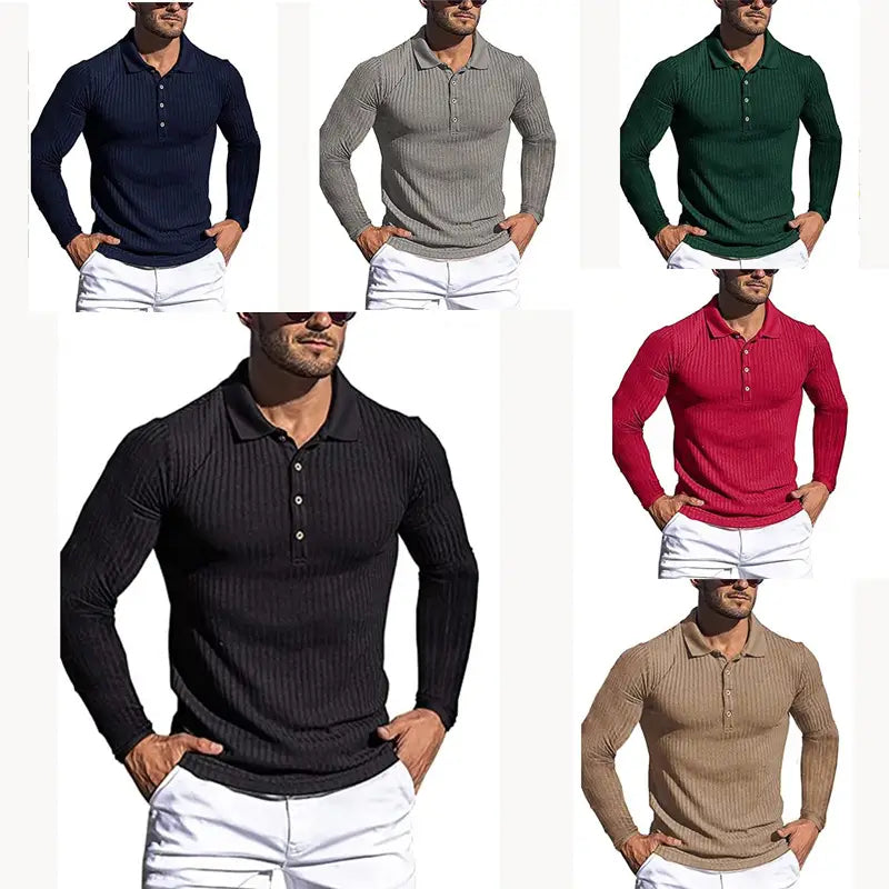 men’s slim fit ribbed knit long sleeve polo shirts in navy gray green black red and beige colors displayed side by side