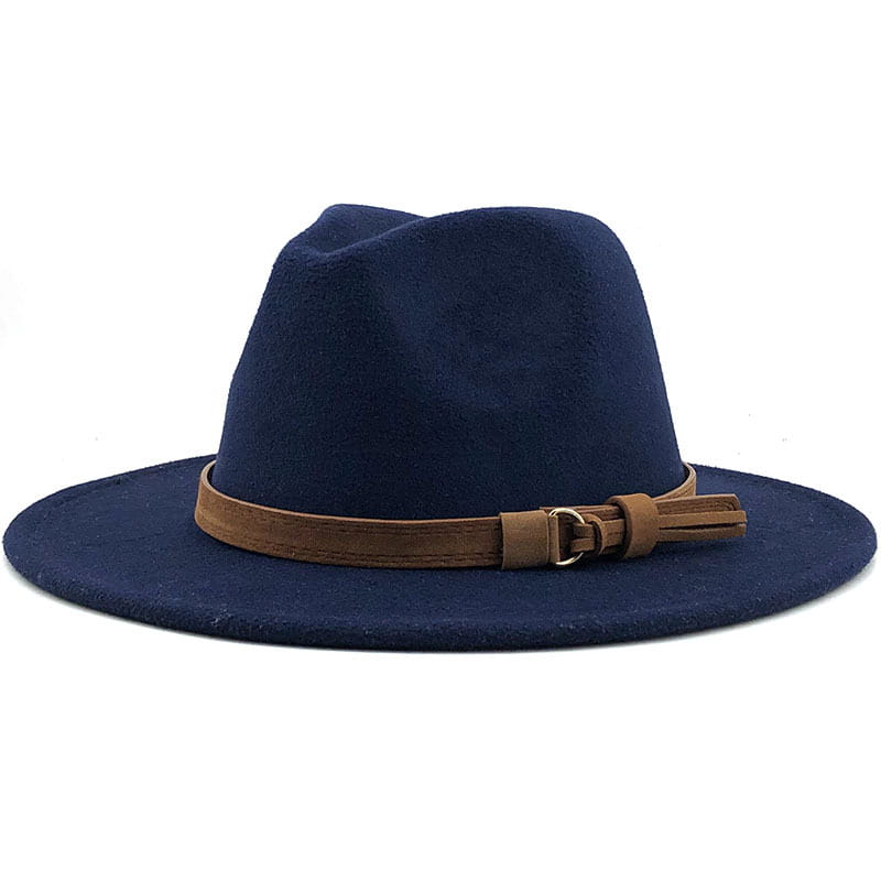 Navy blue wool fedora hat with a brown leather belt and buckle shown from the back side.