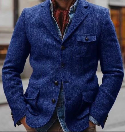 Men herringbone slim fit suit jacket in blue textured wool with black buttons and a casual collar.