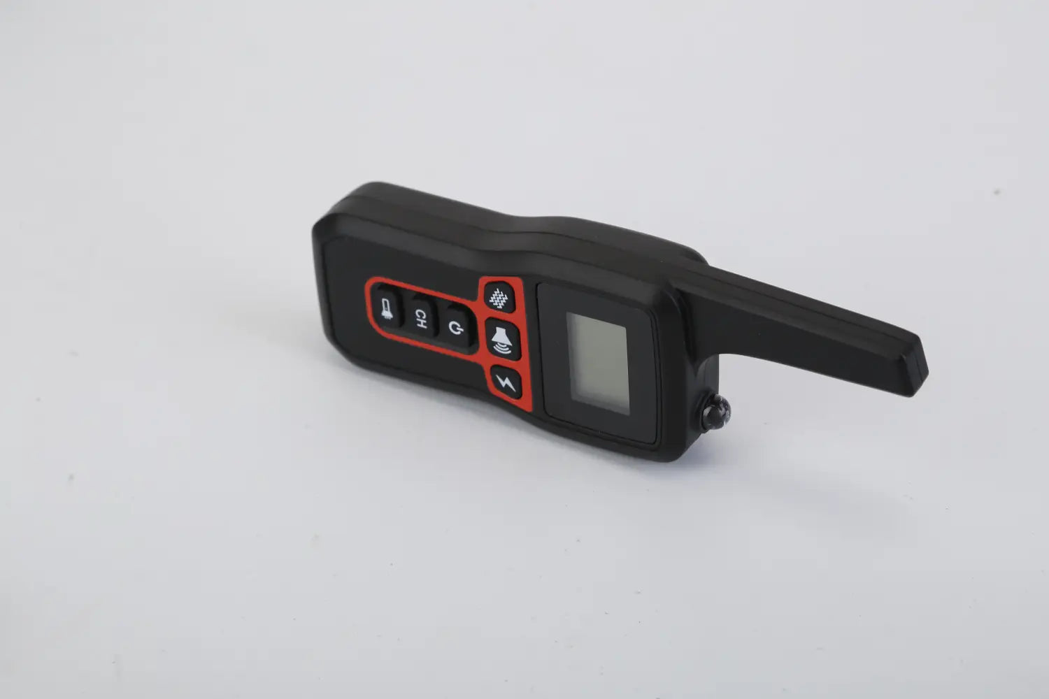 black and red remote control with a small screen and buttons for temperature mode selection and bell functions for dog training collar 3280ft waterproof shock system