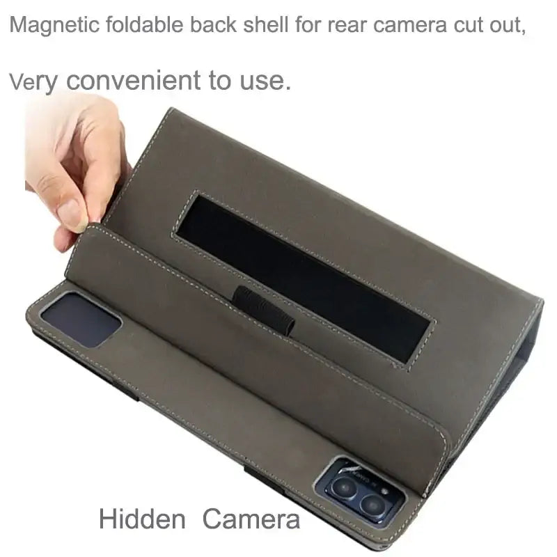 Gray magnetic foldable leather case for acer iconia tab p10 with hidden camera slot and precise rear camera cutouts