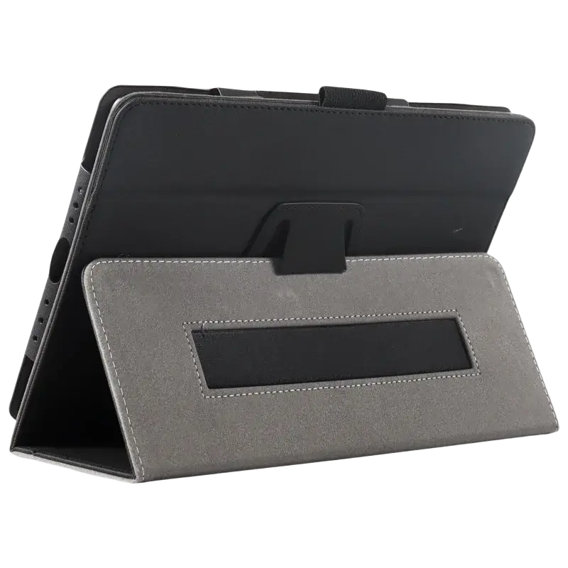 Gray textured leather case for acer iconia tab p10 with black interior white stitching and built-in stand