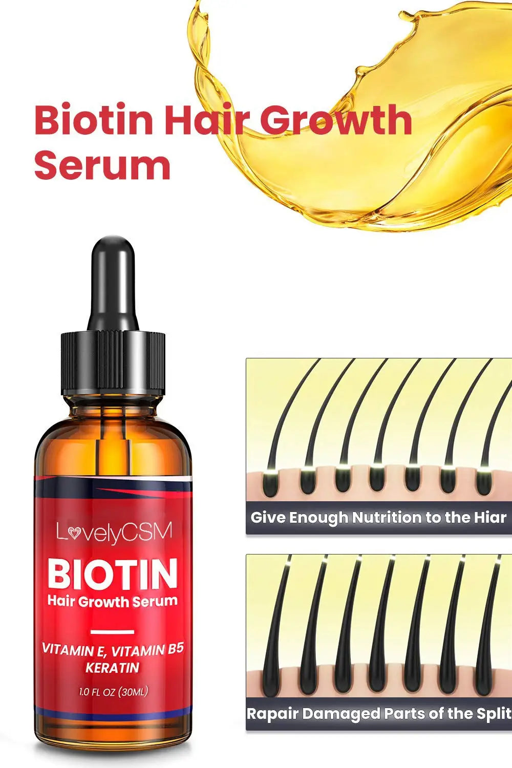 Frasco de vidrio ámbar con tapa negra de gotero y etiqueta roja con el texto de suero para el crecimiento del cabello con biotina de lovelycsm, que contiene suero para el crecimiento del cabello con biotina de color dorado, aceite de jengibre y 30 ml.