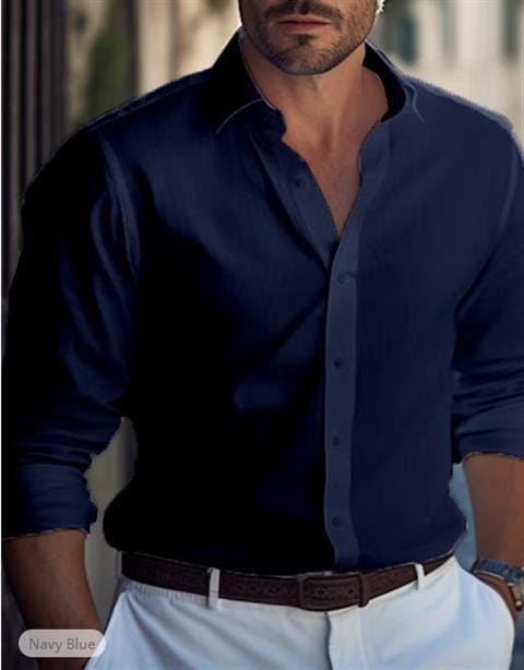 Men’s slim fit digital print linen blend casual shirt in navy blue featuring long sleeves with rolled cuffs and a classic collar.