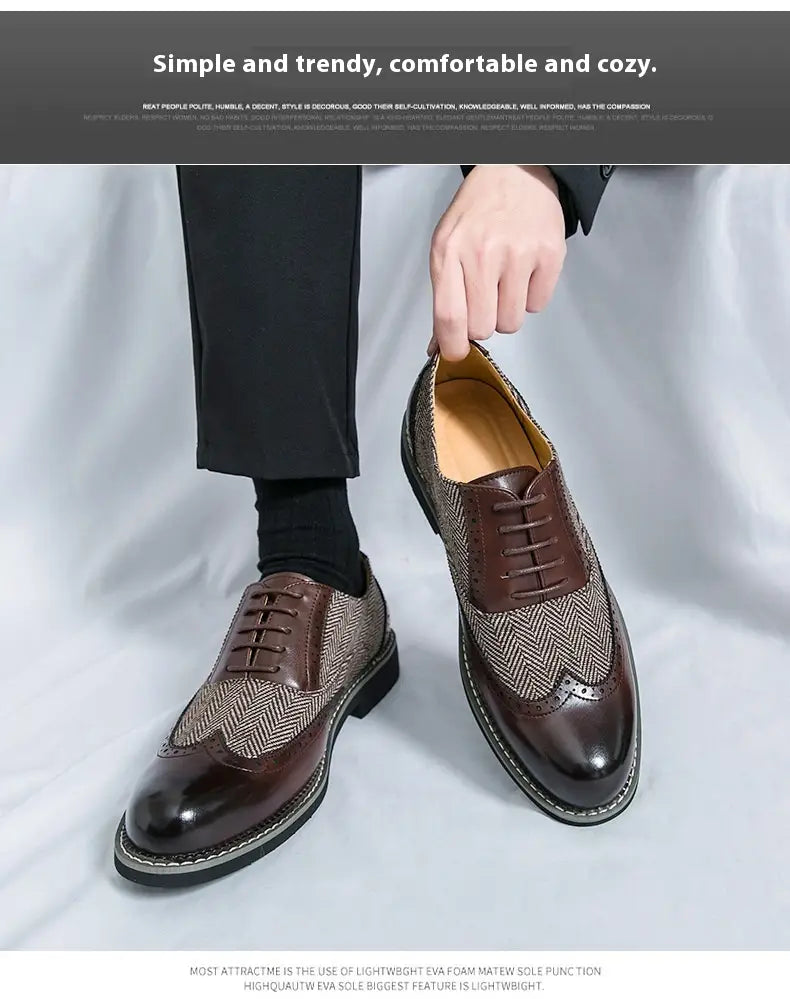 Men’s Korean style woven leather brogue high top shoes with brown and gray herringbone wingtip polished accents