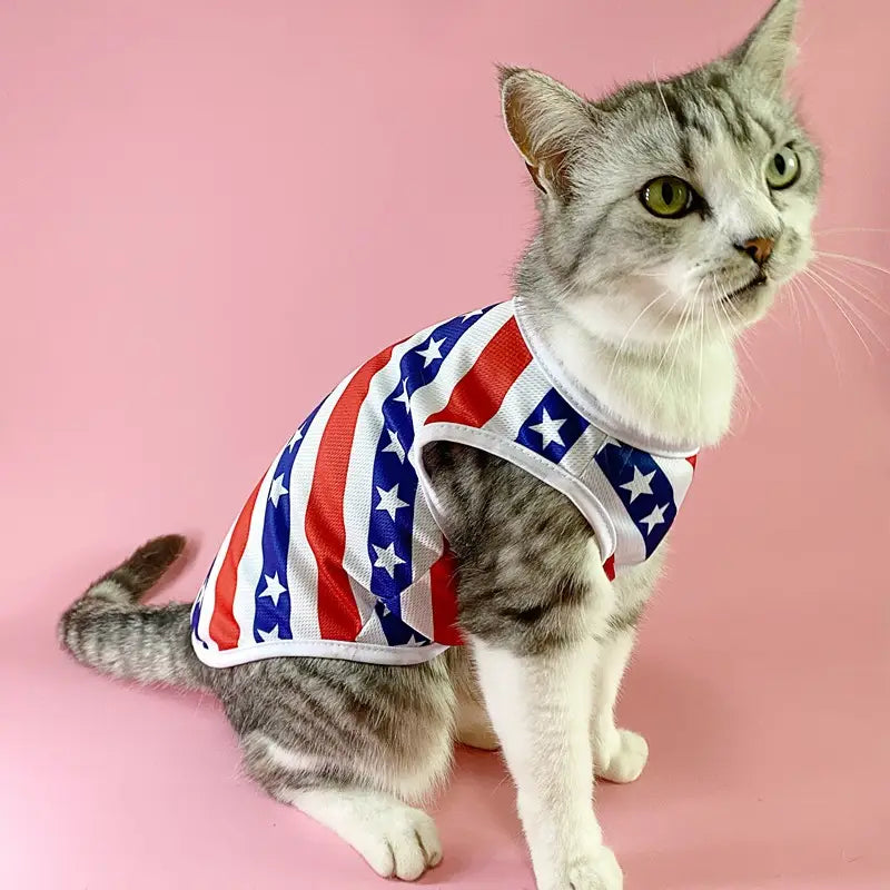 Un gato atigrado gris que lleva un chaleco de malla para perro con bandera estadounidense, camiseta para mascota en EE. UU., con tela de malla en rojo, blanco y azul.