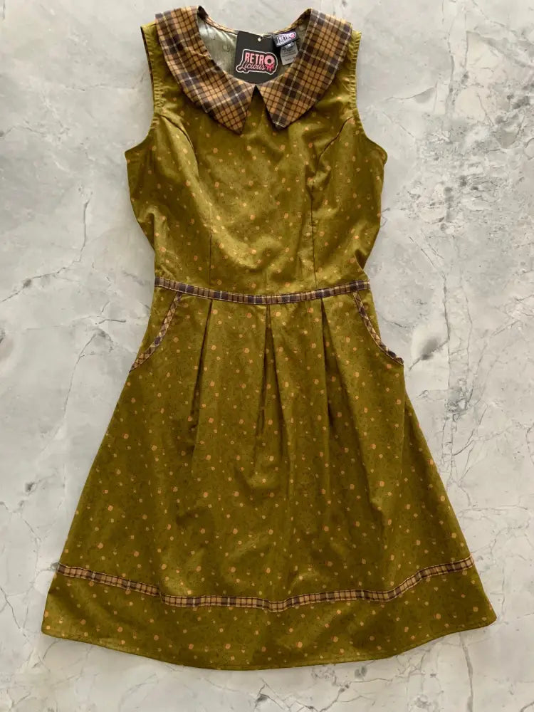 Olive green satin retro acorn print a-line dress with plaid collar trim and gold polka dots featuring pockets
