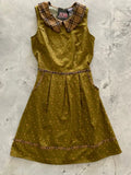 Olive green satin retro acorn print a-line dress with plaid collar trim and gold polka dots featuring pockets