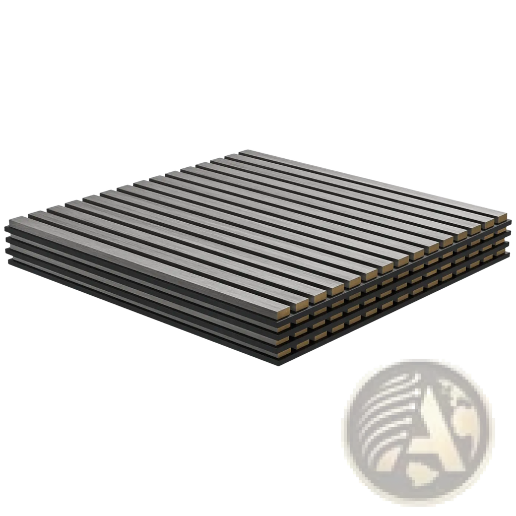 Stack of gray acoustic wood slat wall panels made of composite decking with metallic sheen and gold-toned end caps