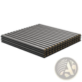 Stack of gray acoustic wood slat wall panels made of composite decking with metallic sheen and gold-toned end caps