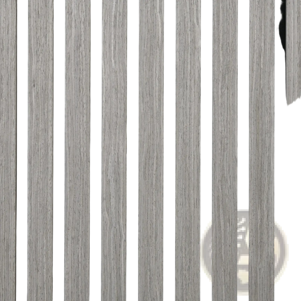 Acoustic wood slat wall panels gray 24x24 featuring gray wood-grain slats with black vertical dividers for sound absorption