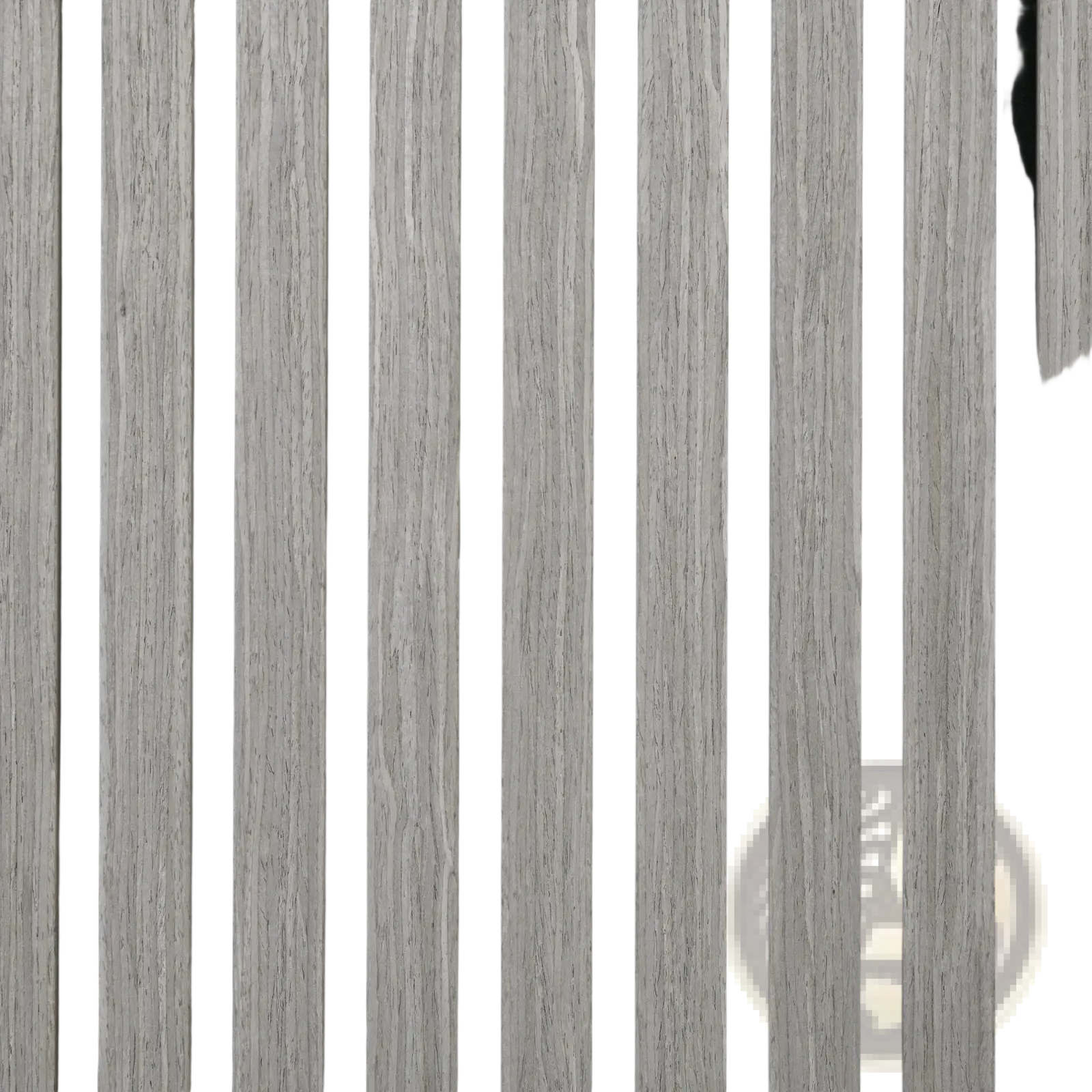 Acoustic wood slat wall panels gray 24x24 featuring gray wood-grain slats with black vertical dividers for sound absorption