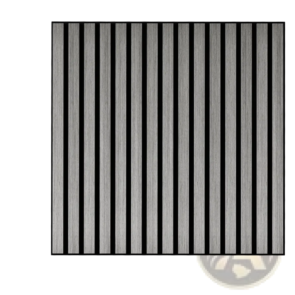Acoustic wood slat wall panels 24x24 gray 4 pack with gray wood-grain texture and black vertical dividers