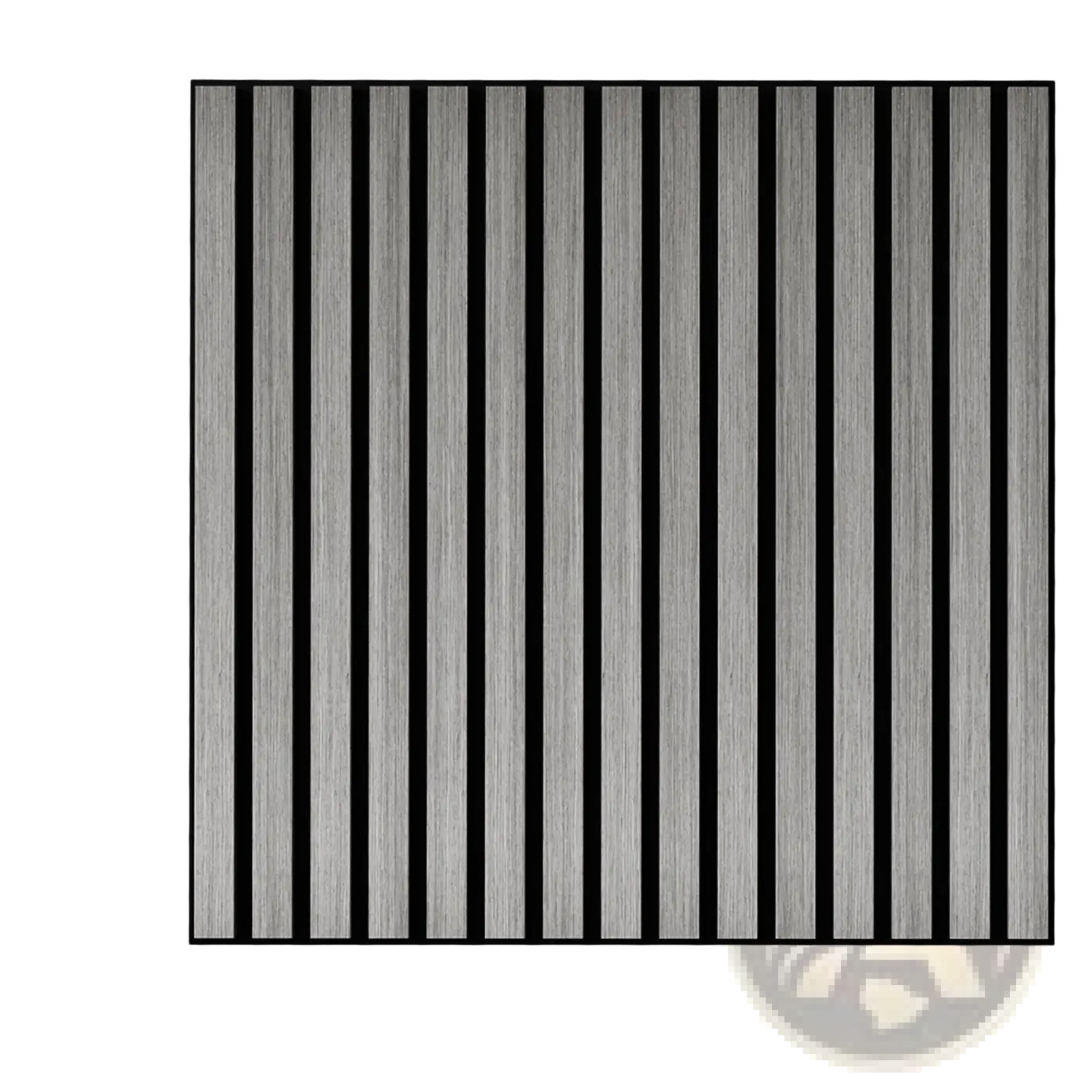 Acoustic wood slat wall panels 24x24 gray 4 pack with gray wood-grain texture and black vertical dividers