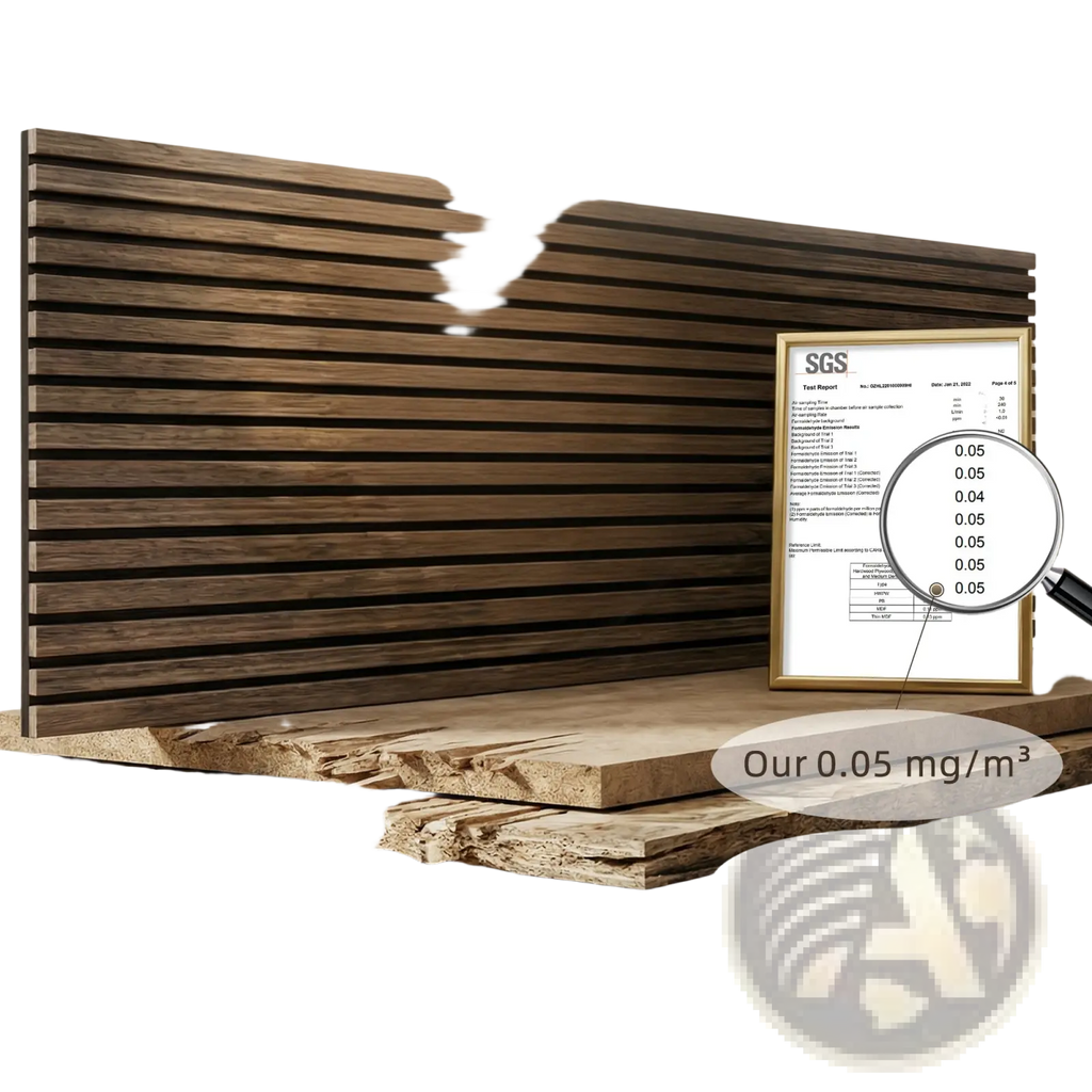 Dark brown walnut acoustic wood slat wall panels with sleek modern design in a 4 pack set