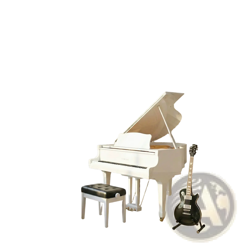 White Yamaha grand piano with open lid and black leather stool next to acoustic wood slat wall panels walnut 4 pack