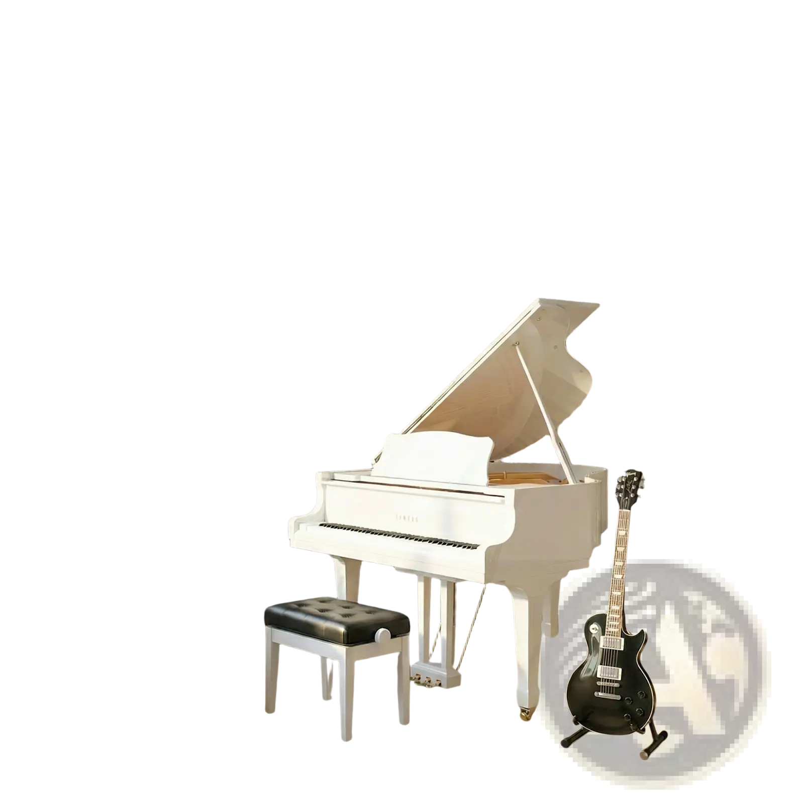 White Yamaha grand piano with open lid and black leather stool next to acoustic wood slat wall panels walnut 4 pack
