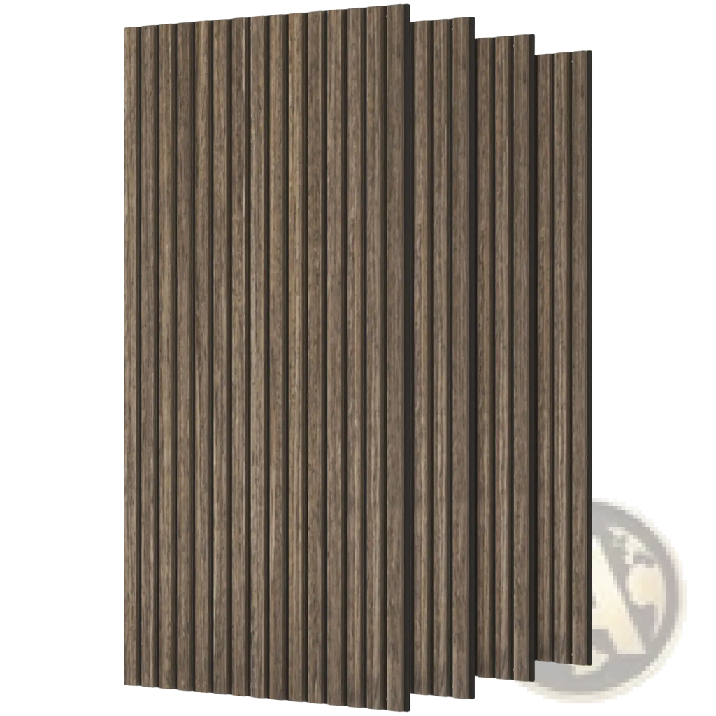 Dark brown walnut acoustic wood slat wall panels with realistic grain pattern in a 4 pack set