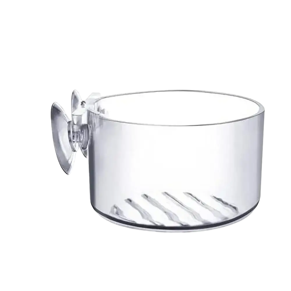 Clear plastic acrylic aquatic plant cup with ribbed interior and suction cup holder for aquatic plants