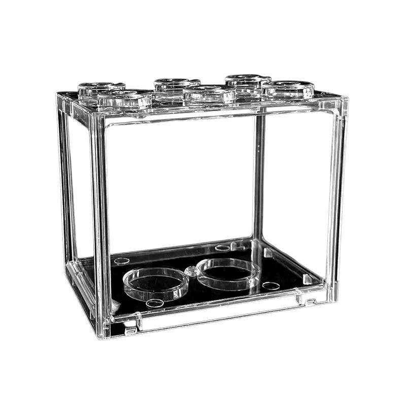 Clear acrylic betta fish tank shaped like a lego brick with circular indentations and built-in bottom circles for desktop use