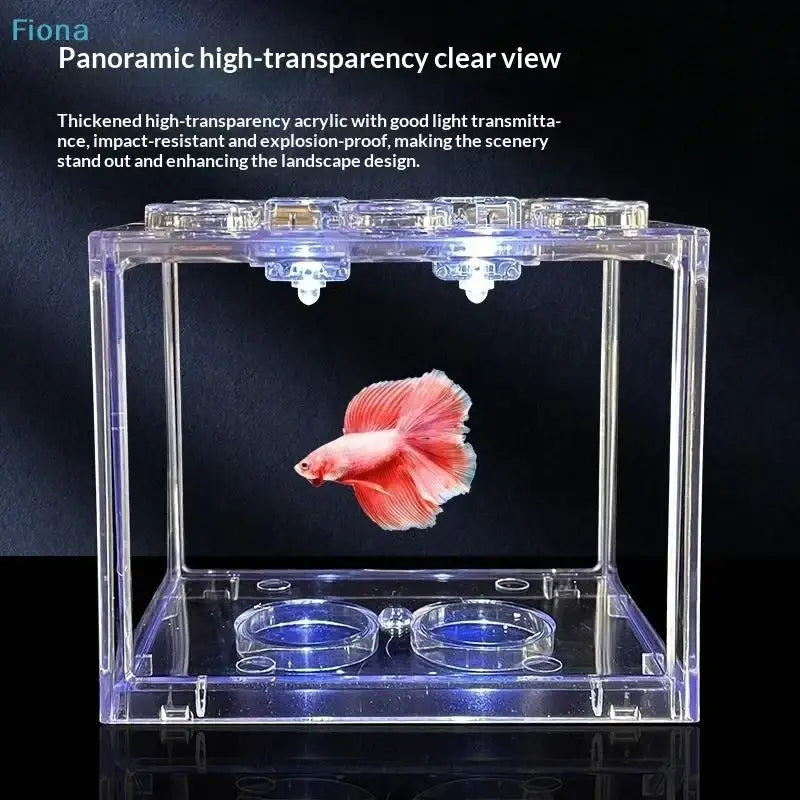 Clear acrylic betta fish tank desktop aquarium with vibrant red betta fish swimming inside for mini pet display