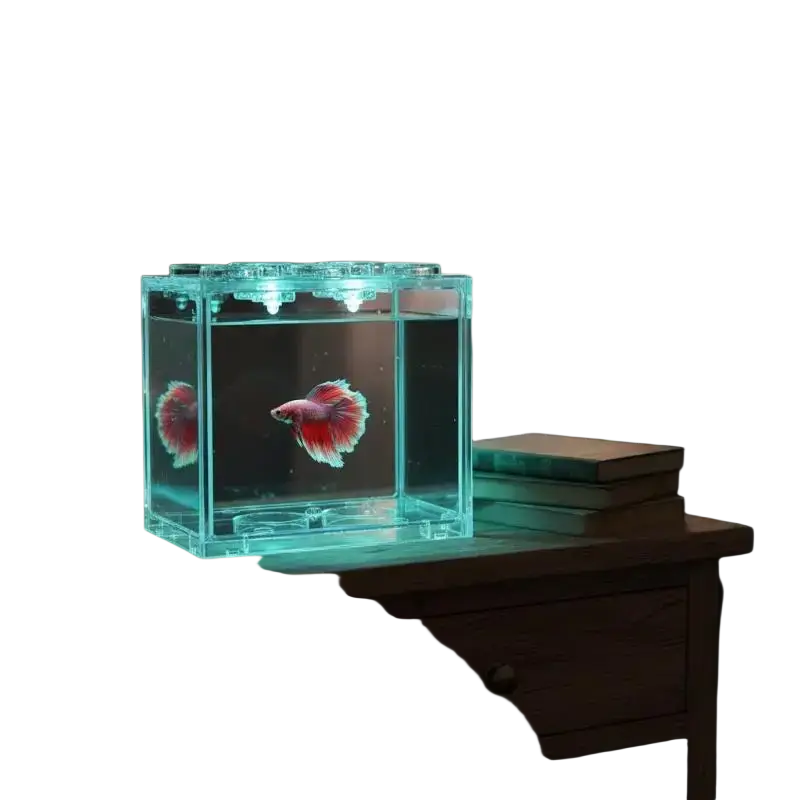 Acrylic betta fish tank with glowing translucent cube design and blue LED lights housing a red and white betta fish