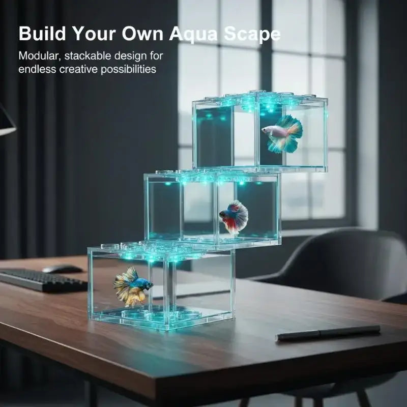 Stackable transparent acrylic betta fish tanks with blue led lighting showcasing colorful betta fish desktop aquarium box