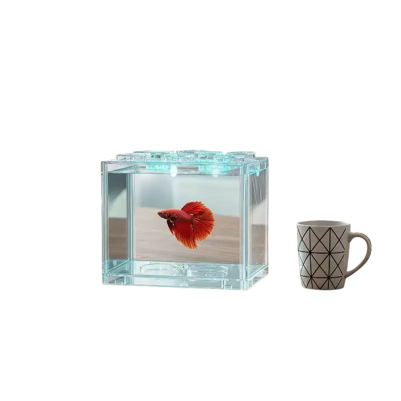 Clear acrylic betta fish tank stackable mini aquarium box with a vibrant red betta fish swimming inside