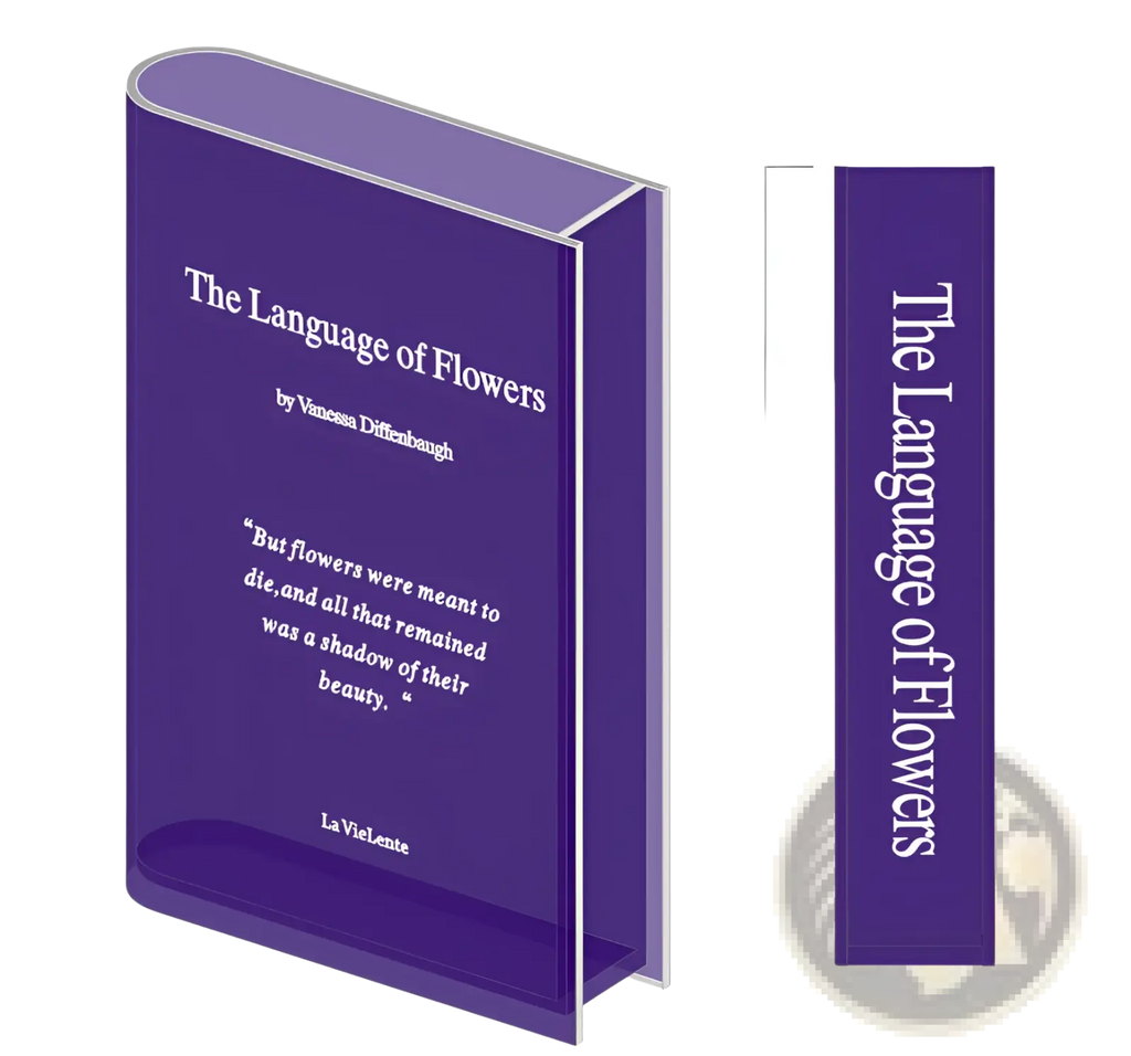 Purple hardcover book the language of flowers by vanessa diffenbaugh with translucent cover in acrylic book flower vase home decor