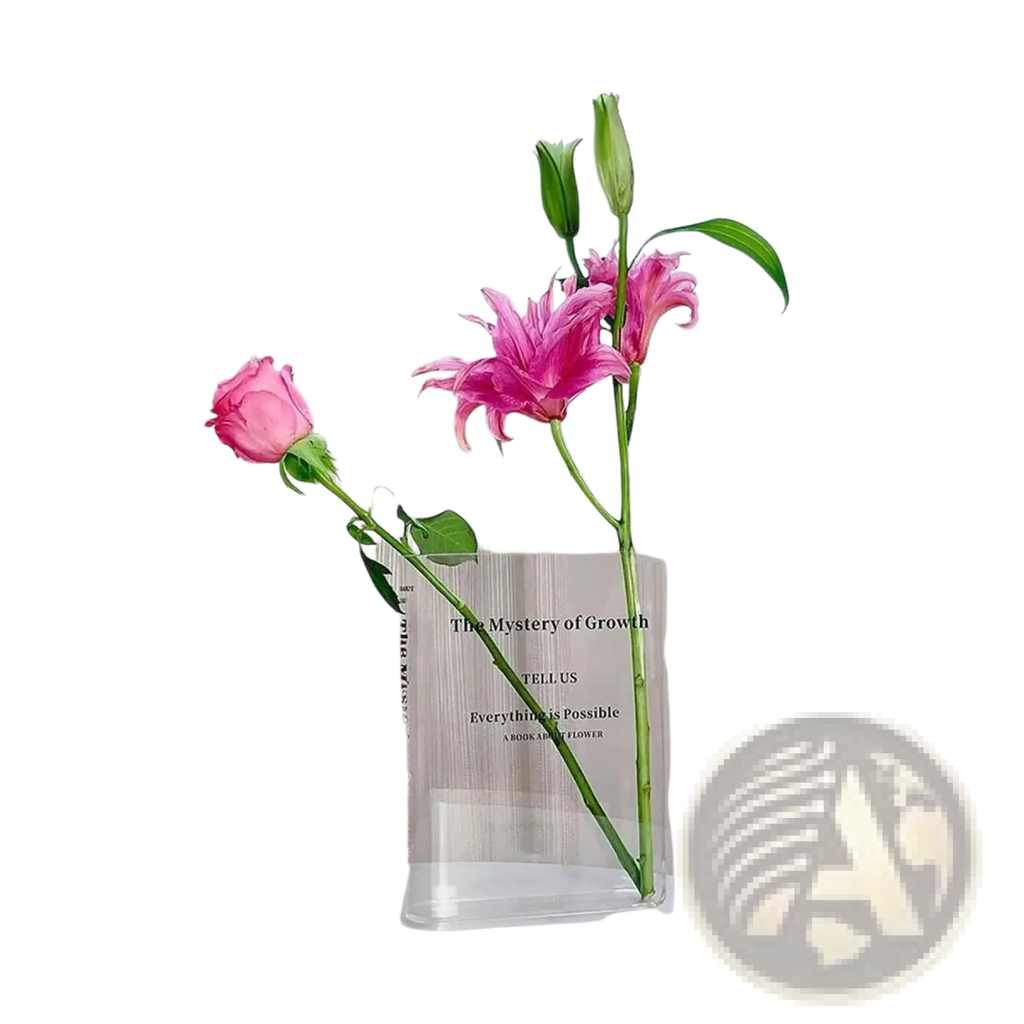 Clear acrylic book flower vase with black printed text the mystery of growth and everything is possible for modern decor