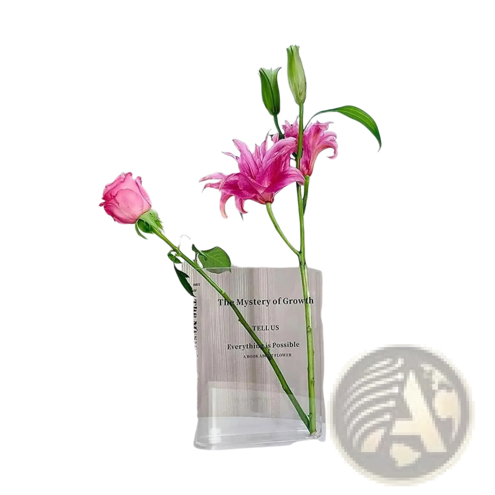 Clear acrylic book flower vase with black printed text the mystery of growth and everything is possible for modern decor