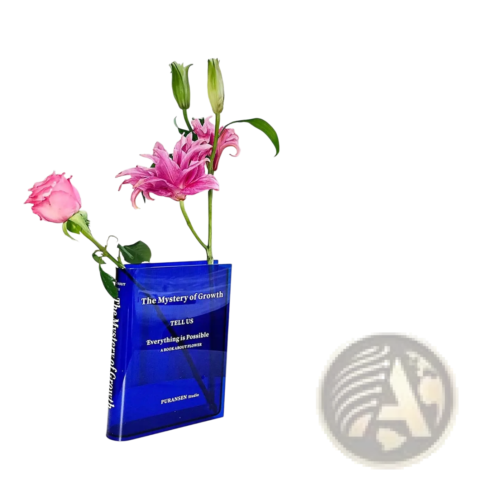 Acrylic book flower vase translucent blue with white text holding pink flowers modern decorative home decor