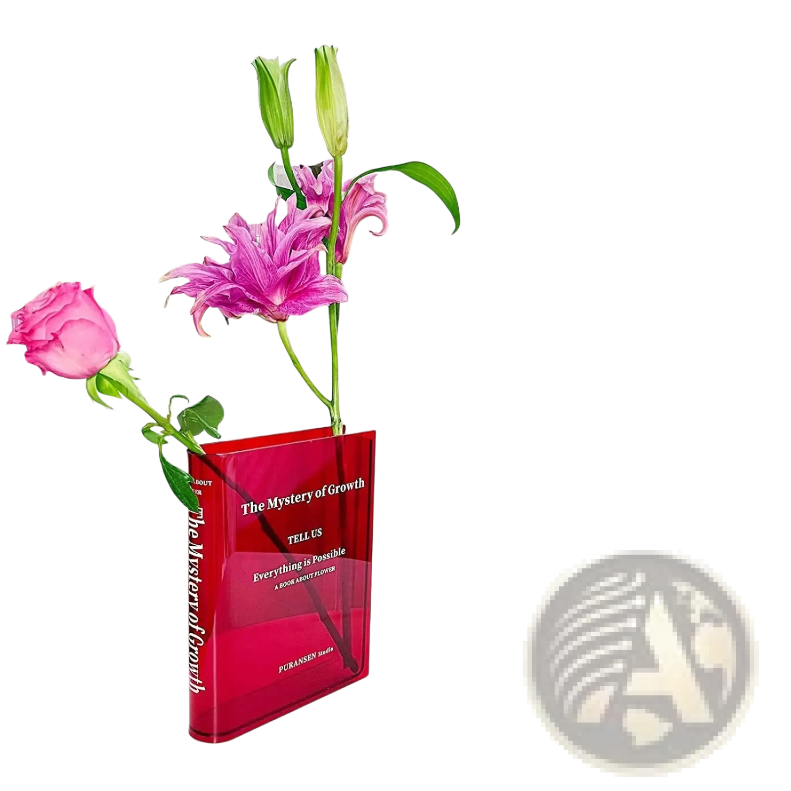 Vibrant red translucent acrylic book-shaped vase holding pink and purple flowers for modern home decor