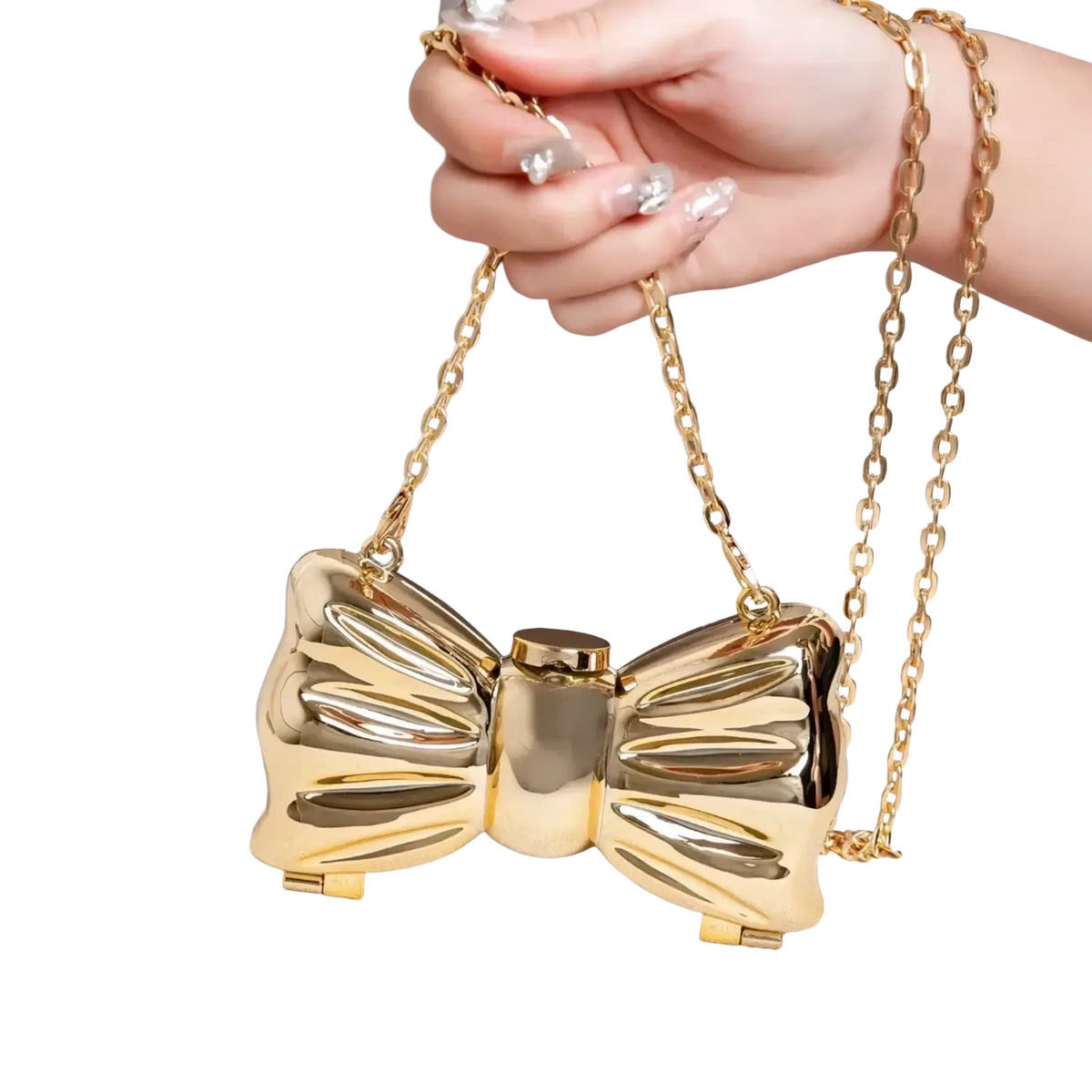 Gold metallic acrylic bow crossbody clutch bag with chain strap in metallic gold and silver finish