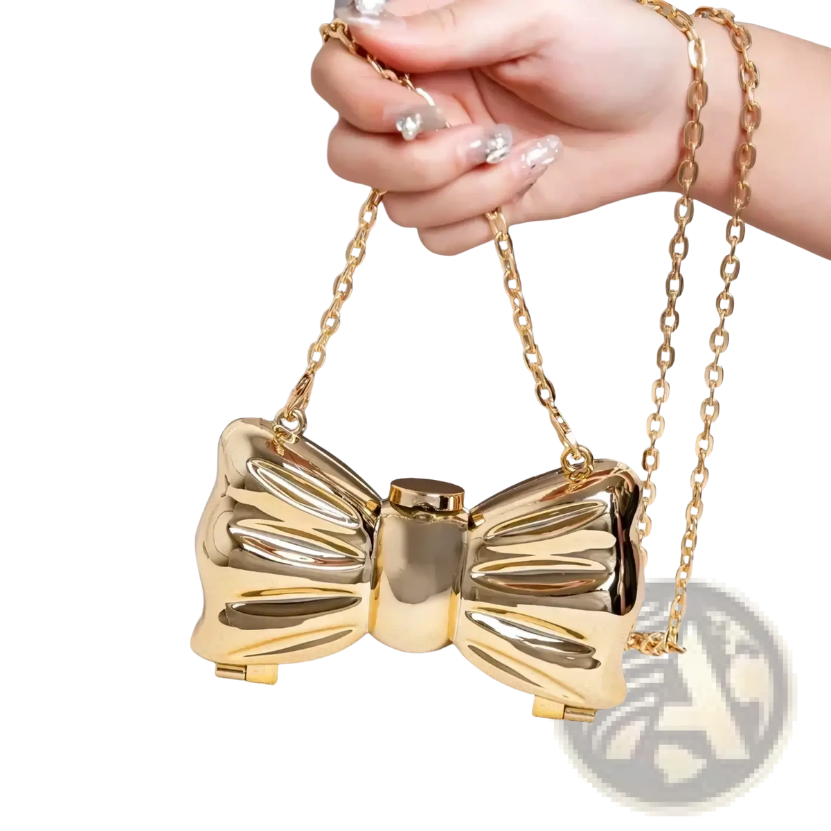 Gold metallic acrylic bow crossbody bag clutch with chain strap in metallic gold and silver finish