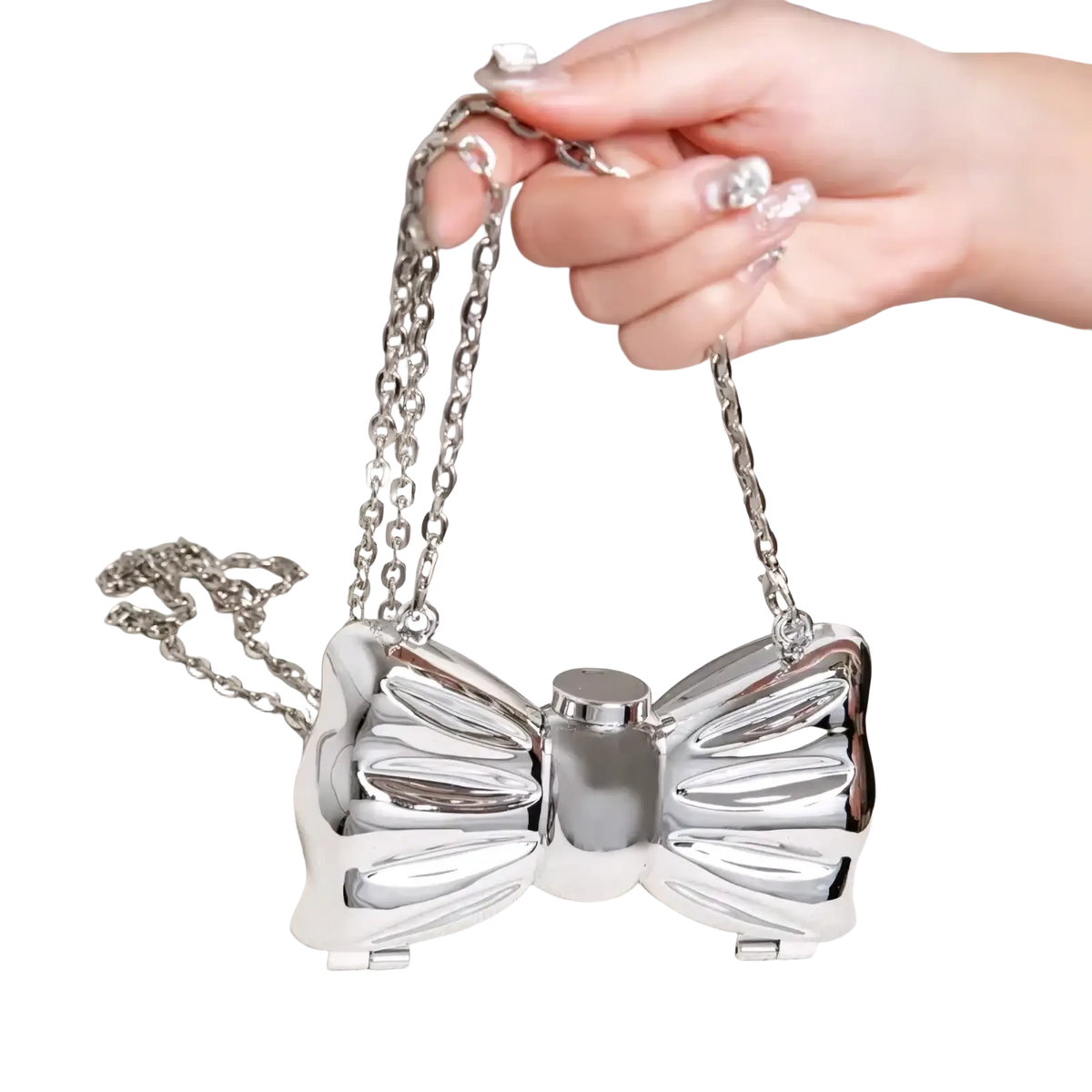 Shiny silver metallic acrylic bow crossbody bag clutch with chain strap for stylish evening use