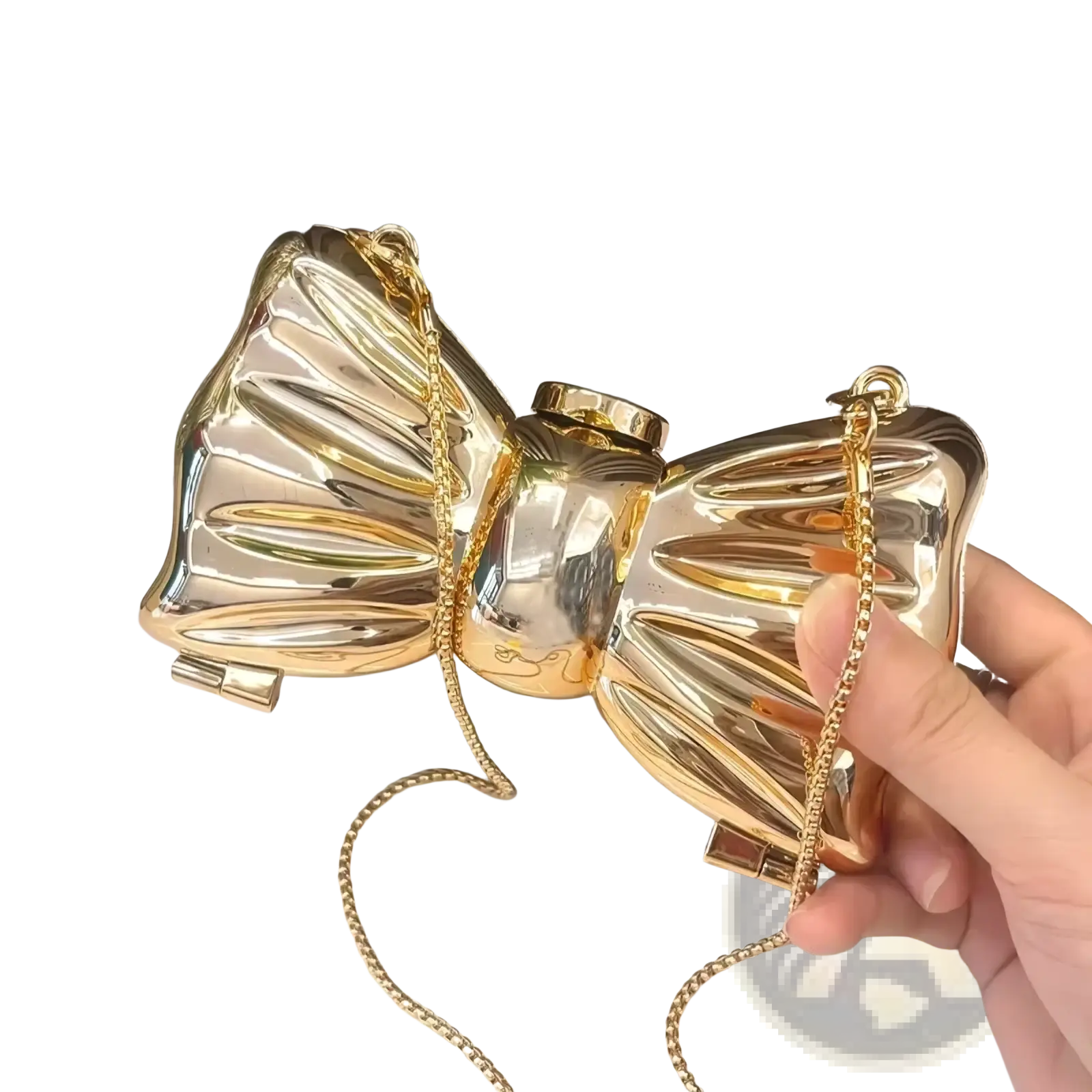 Shiny gold metallic acrylic bow crossbody bag with a chain strap perfect as a clutch for elegant occasions
