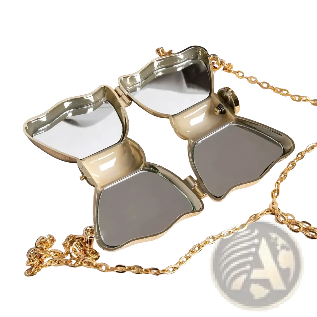 Gold-tone butterfly-shaped compact mirror with mirrored wings and chain strap for acrylic bow crossbody bag metallic gold clutch
