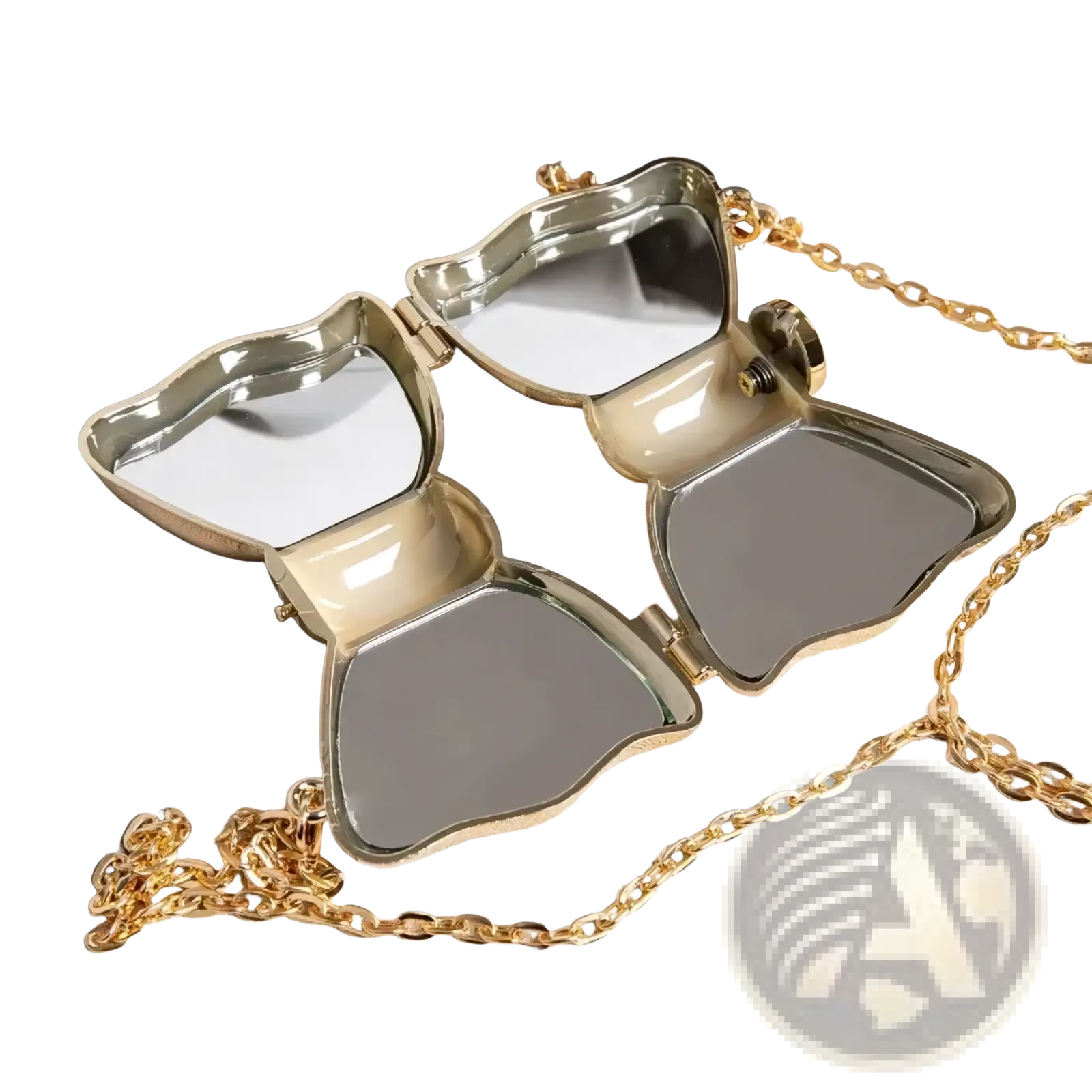 Gold-tone butterfly-shaped compact mirror with mirrored wings and chain strap for acrylic bow crossbody bag metallic gold clutch