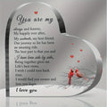 Heart-shaped acrylic cardinal keepsake gift with engraved romantic message and red cardinals illustration on branch