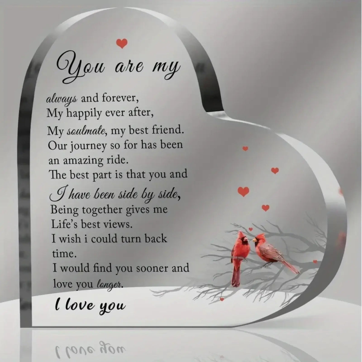 Heart-shaped acrylic cardinal keepsake gift with engraved romantic message and red cardinals illustration on branch