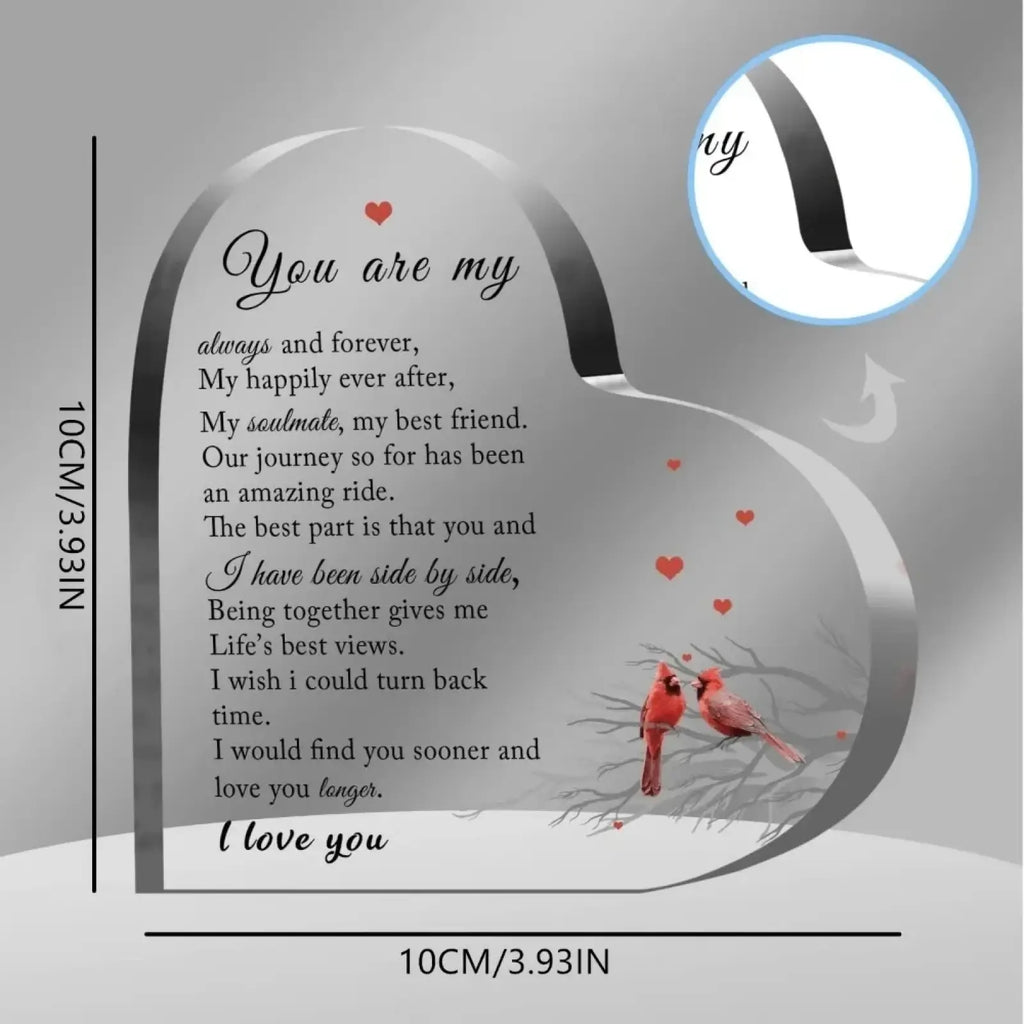 Acrylic cardinal heart keepsake gift featuring a heart-shaped plaque with engraved romantic message and red cardinals