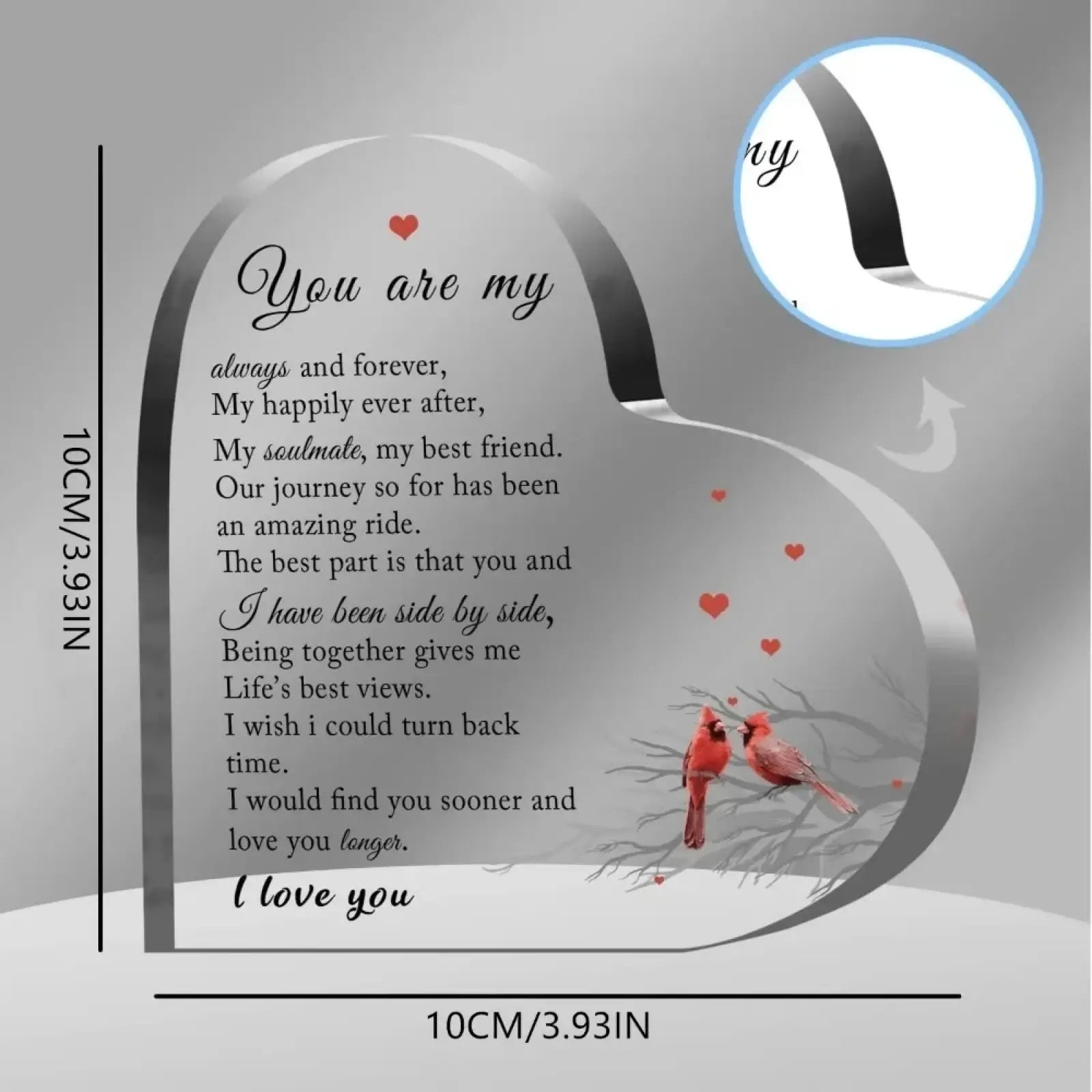 Acrylic cardinal heart keepsake gift featuring a heart-shaped plaque with engraved romantic message and red cardinals