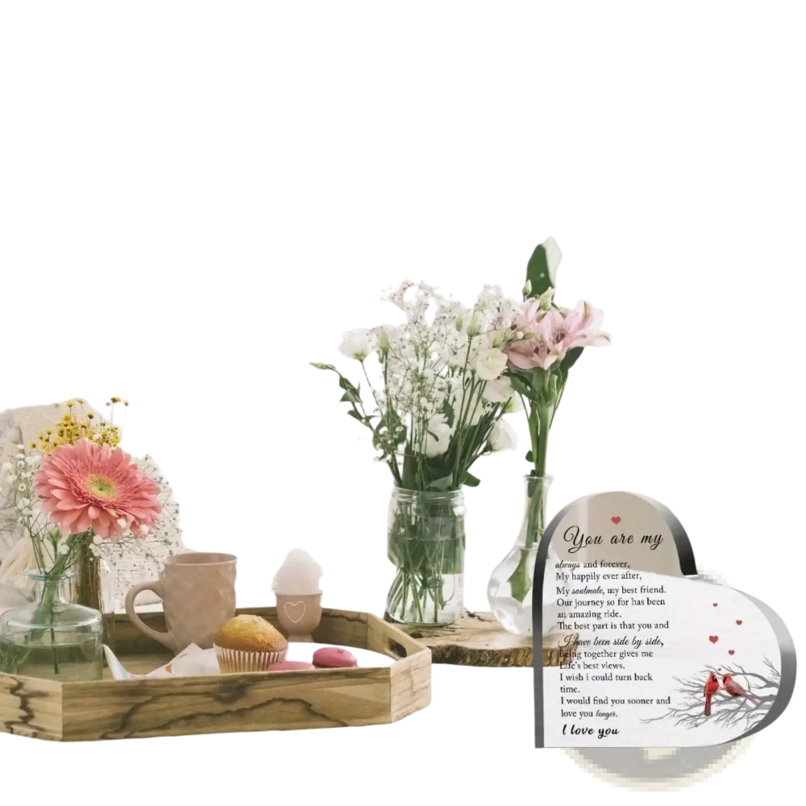 Heart-shaped transparent acrylic keepsake plaque with engraved romantic message and red cardinal bird illustration