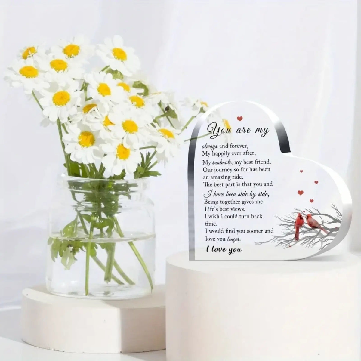 White heart-shaped wooden plaque with engraved romantic message and red cardinal illustration for keepsake gift