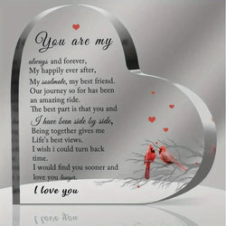 Heart-shaped acrylic cardinal keepsake gift with engraved romantic message and red cardinals illustration on branch
