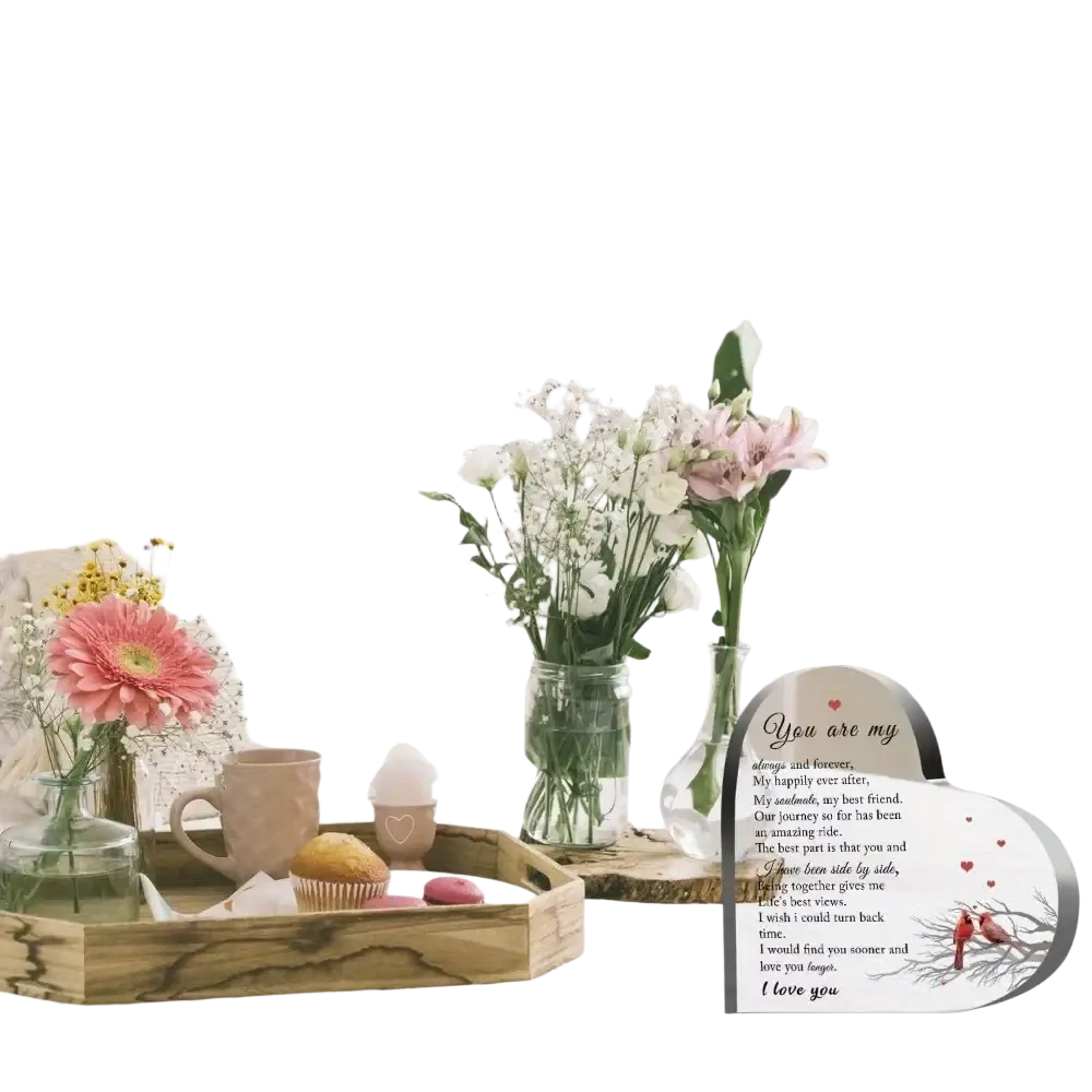 Heart-shaped transparent acrylic keepsake plaque with engraved romantic message and red cardinal bird illustration